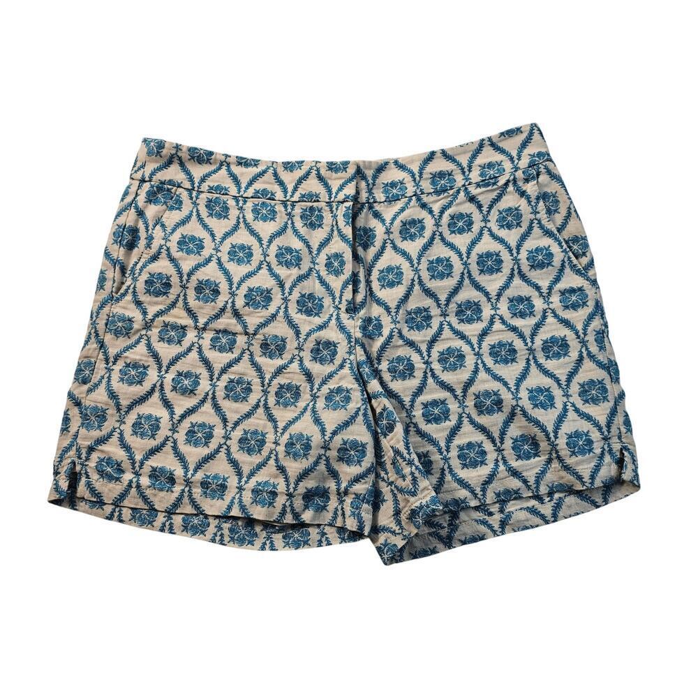 Loft sz 12 100% linen lined geometric print shorts blue summer casual EUC cool